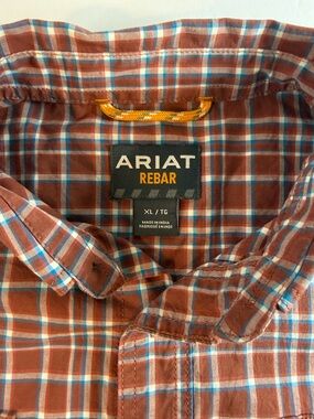 Ariat Rebar Shirt Mens XLT Tall Rust with Blue Accents Plaid Short Sleeve Button